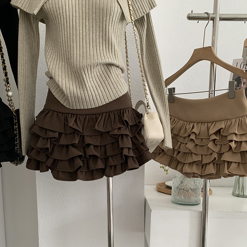 Omalai Layered Ruffle Cake Skirt Women's Autum New Anti-Exposure Pure Color A-Line Tutu Skirt Real Shot 4803