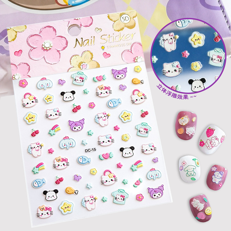 New 5D embossed nail stickers adhesive luminous nail stickers cute animal kitty children's cartoon three-dimensional stickers
