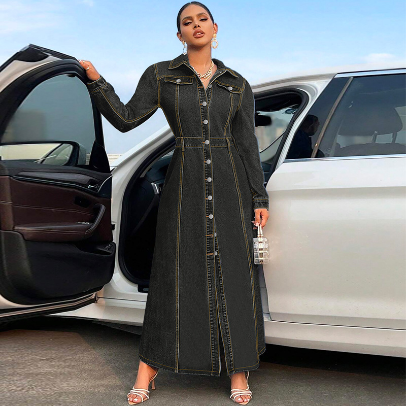 708g Weight Maxi Long Dress Dress Length Type Long Sleeve Sleeve Length Denim Dress Dresses Type Cotton (more than 30%), Denim Fabric Type High Waist Waist Line Holiday, Street Occasion Turndown Neckline Slim Fit Type Solid Color Pattern Spring, Autumn Season Women's Gender Streetwear Style Wholesale Women's Streetwear Solid Color Holiday Street Turndown Long Sleeve Denim Dress 7
