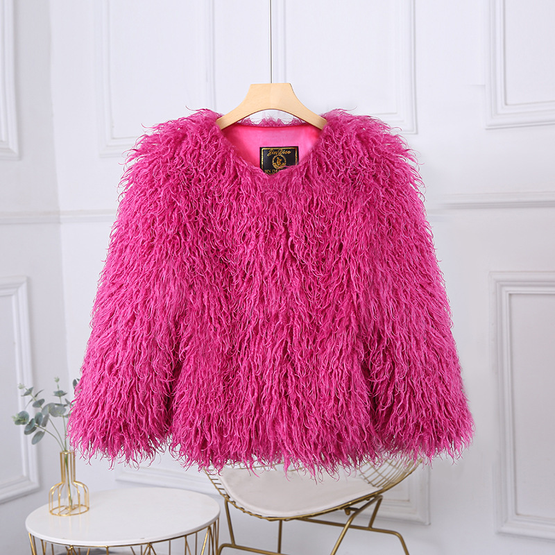 AliExpress Foreign Trade Source European and American Imitation Fur Korean Solid Color Imitation Tan Sheep Women's Short Jacket Fur Jacket