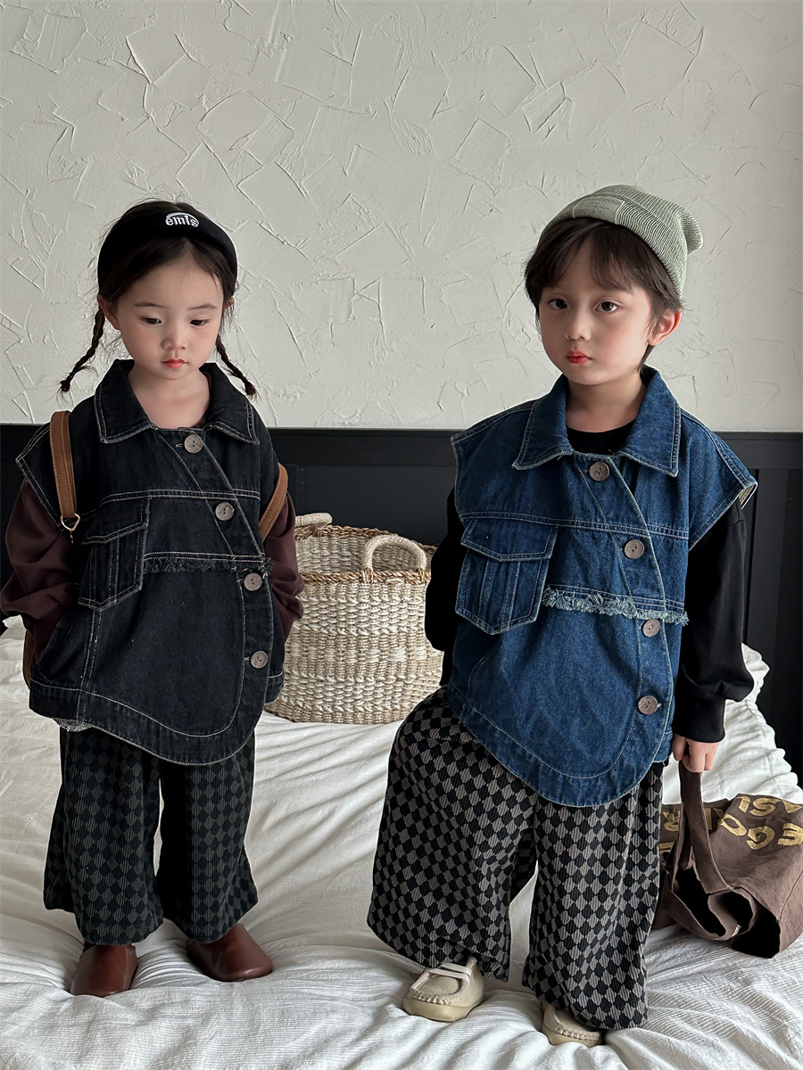Children's Autumn Cotton Denim Irregular Vest Men's And Women's Baby Workwear Style Raw Edge Coat Jacket