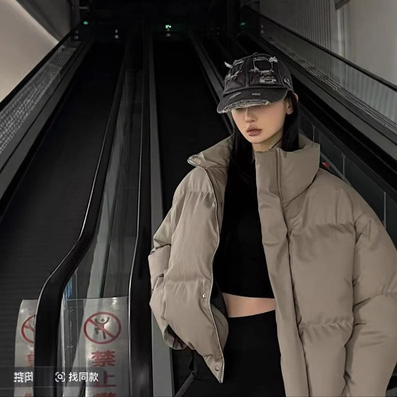[LI CHEN NIC 같은 스타일] 스탠드 칼라 짧은 PU 코튼 패딩 재킷 느슨한 패션 캐주얼 조커 커플 트렌드 따뜻한