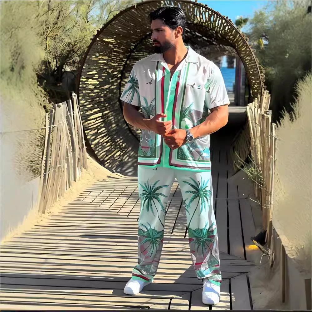 Monochrome Man – Neuer europäischer und amerikanischer Herren-Strandanzug mit Umlegekragen, kurzen Ärmeln und langer Hose, Digitaldruck._voghion.com