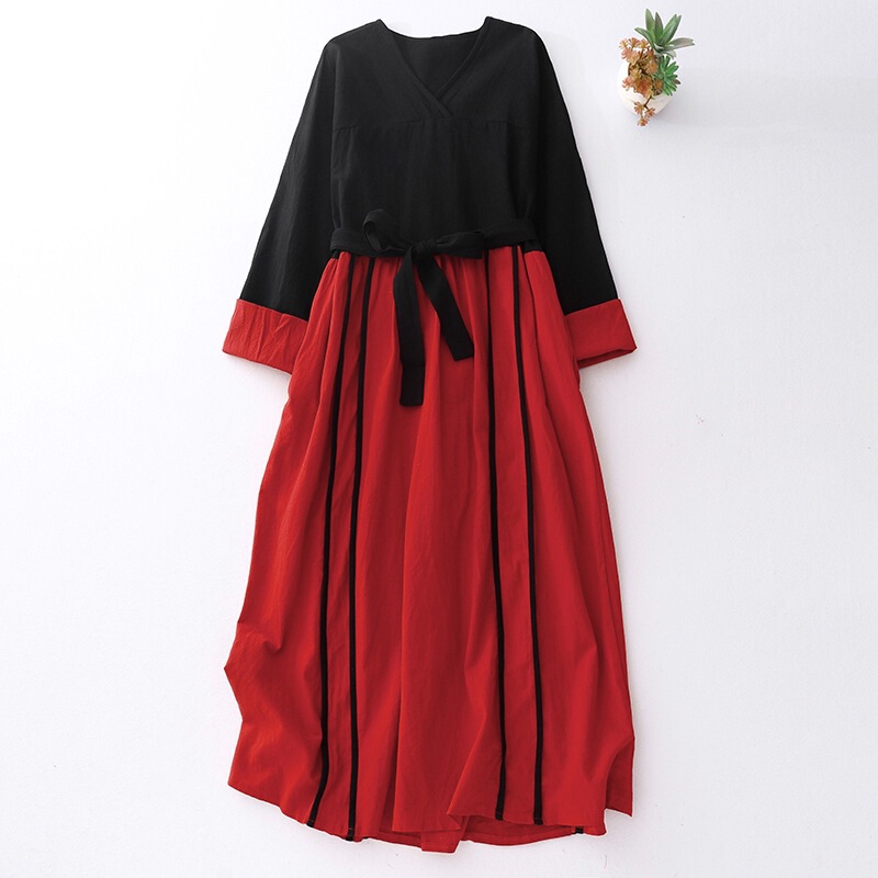 Solid Color Cotton and Linen Literary Style dress Women's 2025 Spring New Lace-up Waist Long Sleeve Ethnic Style Elegant Long Skirt Solid Color Cotton and Linen Literary Style dress Women's 2025 Spring New Lace-up Waist Long Sleeve Ethnic Style Elegant Long Skirt