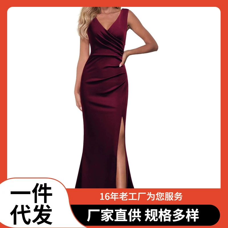 2025 Amazon внешнеторговое женское вечернее платье без рукавов с v-образным вырезом и разрезом, коктейльная вечеринка, длинная юбка, вечерние, трансграничная торговля