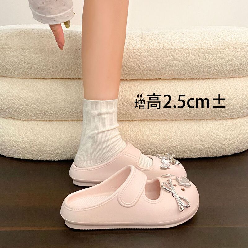 EVA Mary Jane Clogs with Cute Silver Bow and Pink Cat Design, Summer Casual Lightweight Slip-On Closed-Toe Women's Sandals