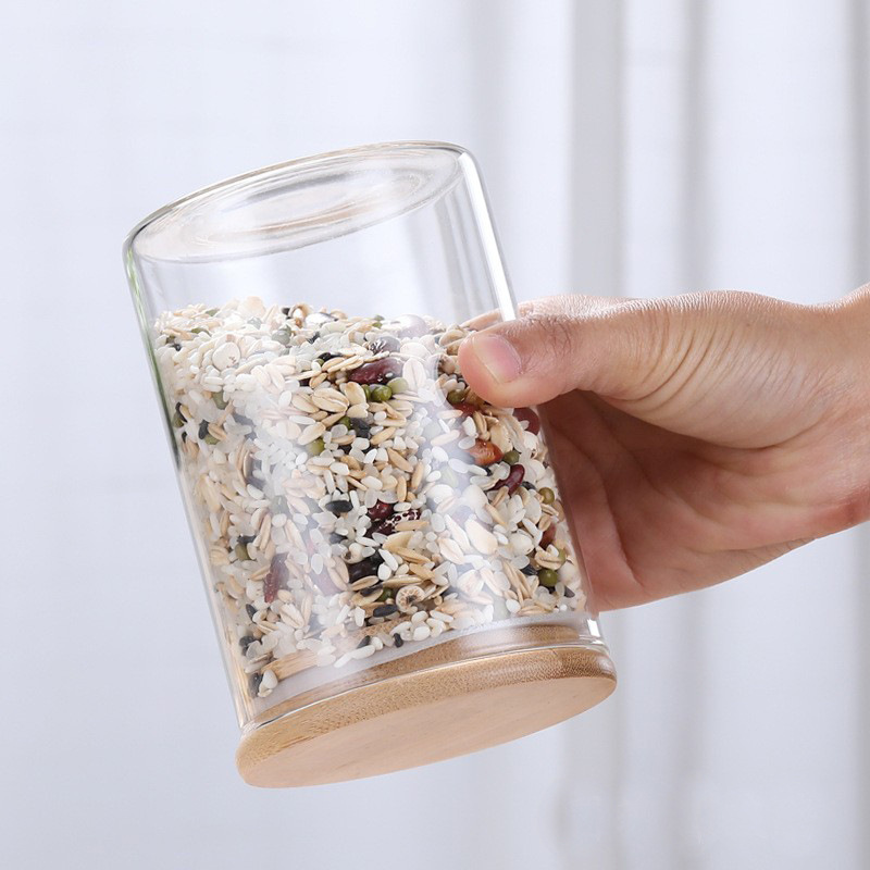 Tanque sellado de vidrio con alto contenido de borosilicato, cocina de grado alimenticio, grano, tanque de almacenamiento de té, tanque de almacenamiento, tapa de bambú, redonda y transparente