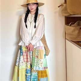 田园风彩色设计格子拼接高腰春夏半身裙多巴胺显撞色古着半身裙