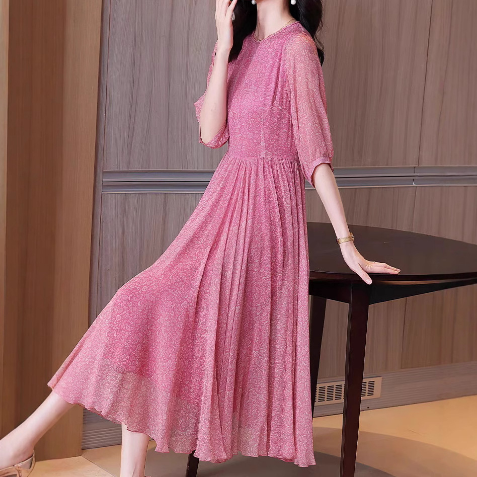 南油孤品捡漏特价100真丝印花连衣裙圆领半袖收腰大摆桑蚕丝长裙