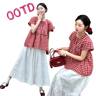 Real shot in stock summer retro red plaid small fly sleeve top pregnant women skirt pig nose buckle