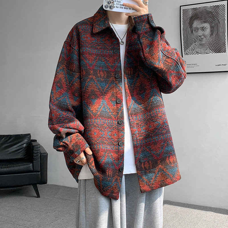Retro Large Size Ethnic Style Shirt for Men, Autumn and Winter Thickeneded Tweed Xizang Style Outwear, Woolen Fashion Printed Jacket