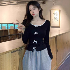 灰色撞色蝴蝶结长袖t恤女春秋新小个子带胸垫修身短款打底衫上衣
