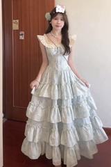 夏季甜美法式蕾丝温柔碎花小飞袖新款连衣裙气质公主收腰蛋糕长裙