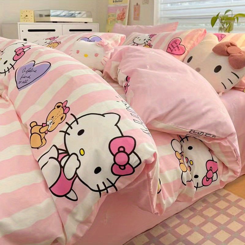 Princess Style Washed Cotton Thin Stripesd Kt Style Bed Four-Piece Set Student Dormitory Single Bed Bed Sheets Three-Piece Set