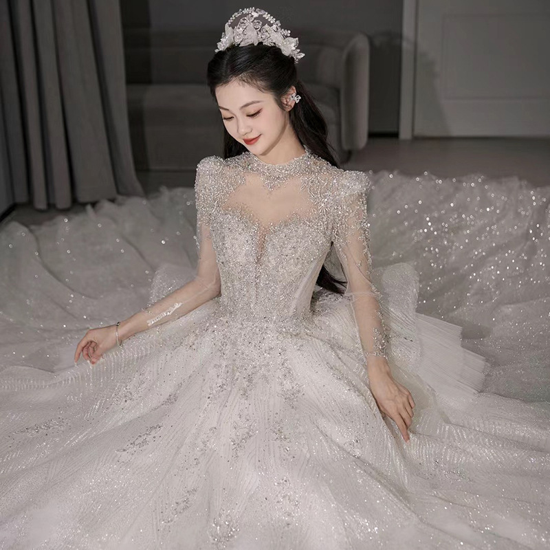 Vestido de novia de encaje de lujo para la novia, nuevo modelo 2026, vestido de manga larga para mujeres embarazadas de talla pequeña y grande, con elaborada artesanía D109.