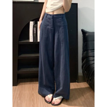 藏青色亚麻苎麻质感阔腿裤女夏薄款高腰老钱风西装直筒棉麻休闲裤