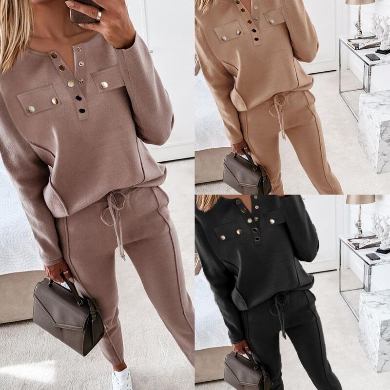 2025 Early Autumn Cross-border Foreign Trade Independent Station Amazon wish Europe and America New Solid Color V-neck Clothes Drawstring Pants suit