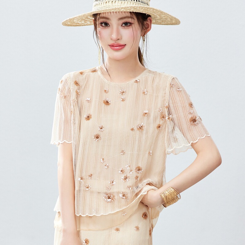 2026 New Summer Style Sequined Lace Shirt for Women, Short-Sleeved Mesh Slimming, Stylish and Versatile Top 2508