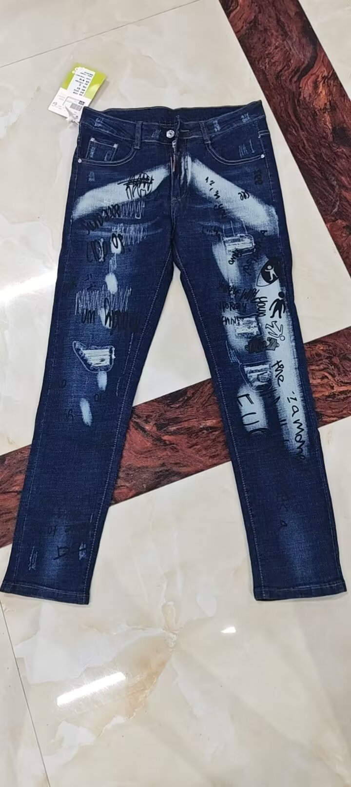 boy 2025 Summer New Cross-Border Inkjet Stretch European And American Men's Jeans Washed Distressed Patched Trendy Brand_voghion.com