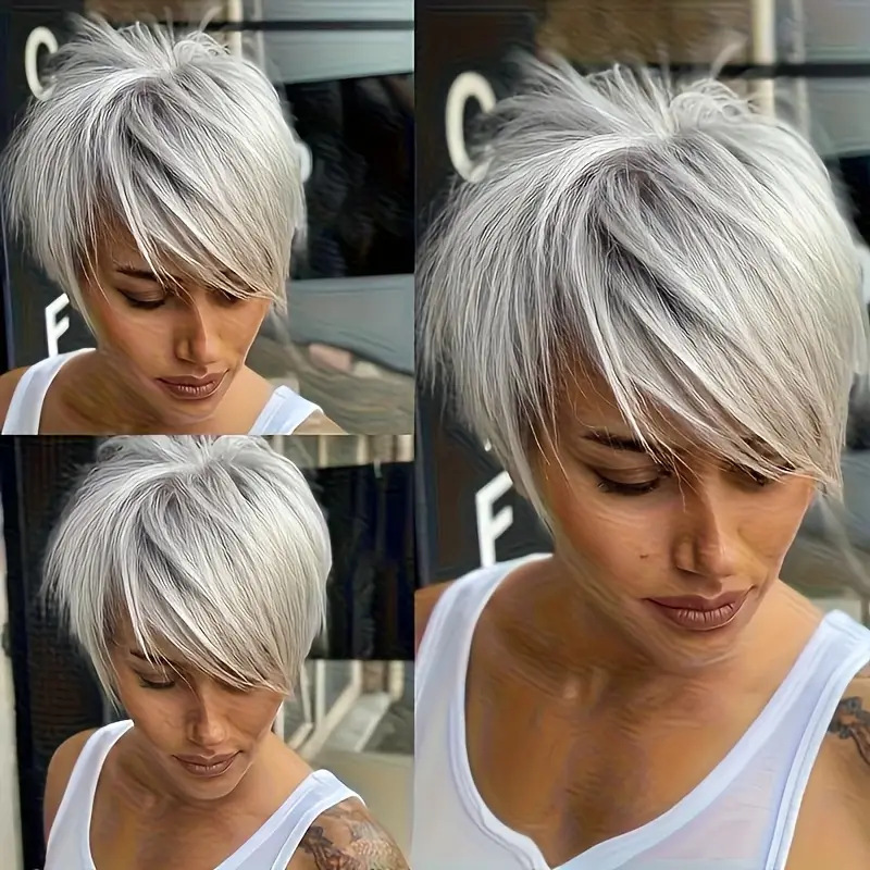 Cross-Border Popular Oblique Bangs Silver Gray Fluffy Short Straight Hair Wig Chemical Fiber High Temperature Silk Wig Manufacturer Wholesale Delivery