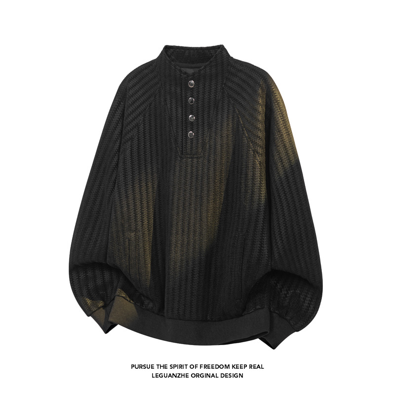 Fishbone Stripe Color-blocked Chanel-style Sweatshirt For Men And Women, Autumn High-end Design, Buttoned Henley Collar_voghion.com