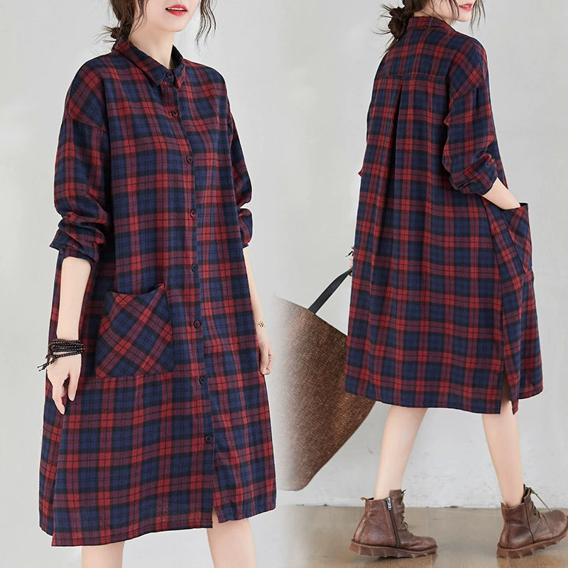 Фактический снимок новой корейской рубашки-платья в клетку большого размера осень 2025 года, с длинными рукавами, накладными карманами и брюками, повседневное платье-рубашка для женщин
