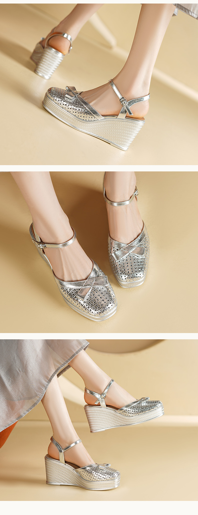 Sandal cao gót nữ mũi nhọn đế xuồng quai chéo da thật — màu vàng, bạc chi tiết 4