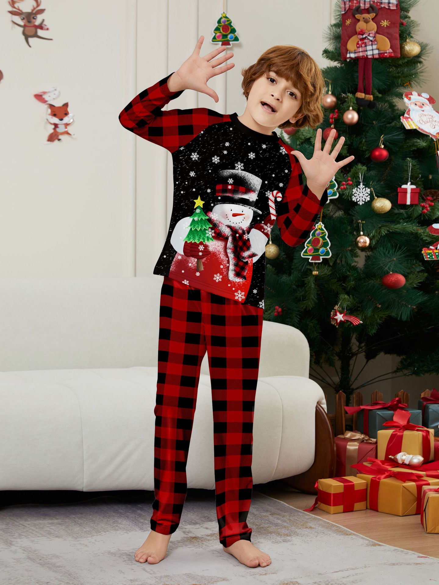 Christmas snowman candy cane snowflake Christmas family suit printed homewear sleep_voghion.com