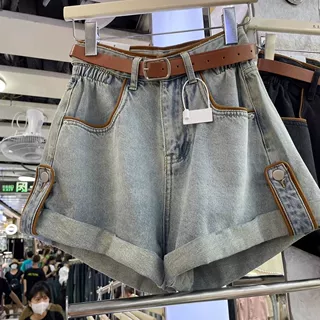 2023夏季新款韩版百搭辣妹高腰卷边牛仔短裤女修身显瘦A字阔腿裤