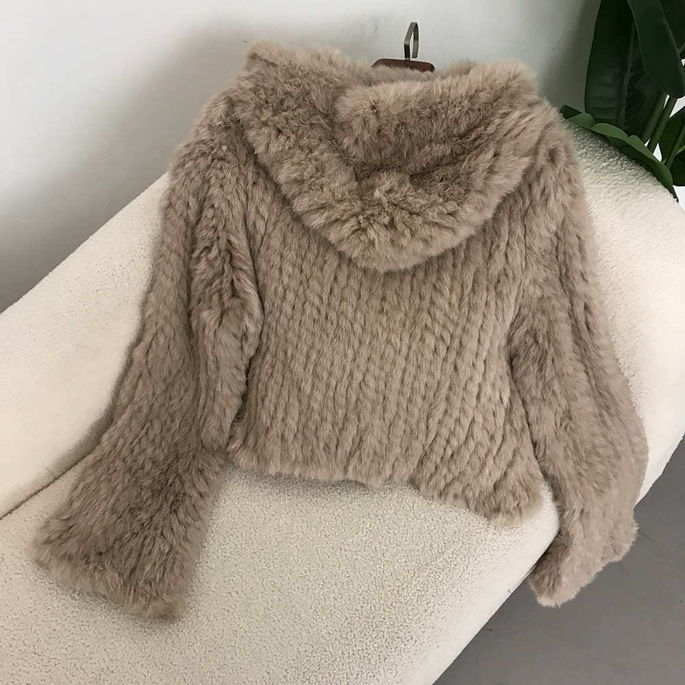 Abbigliamento da donna Nuovo autunno e inverno Criptato ispessito fatto a mano a doppia faccia tessuto con cappuccio corto in pelliccia di coniglio per le donne stile giovane_voghion.com