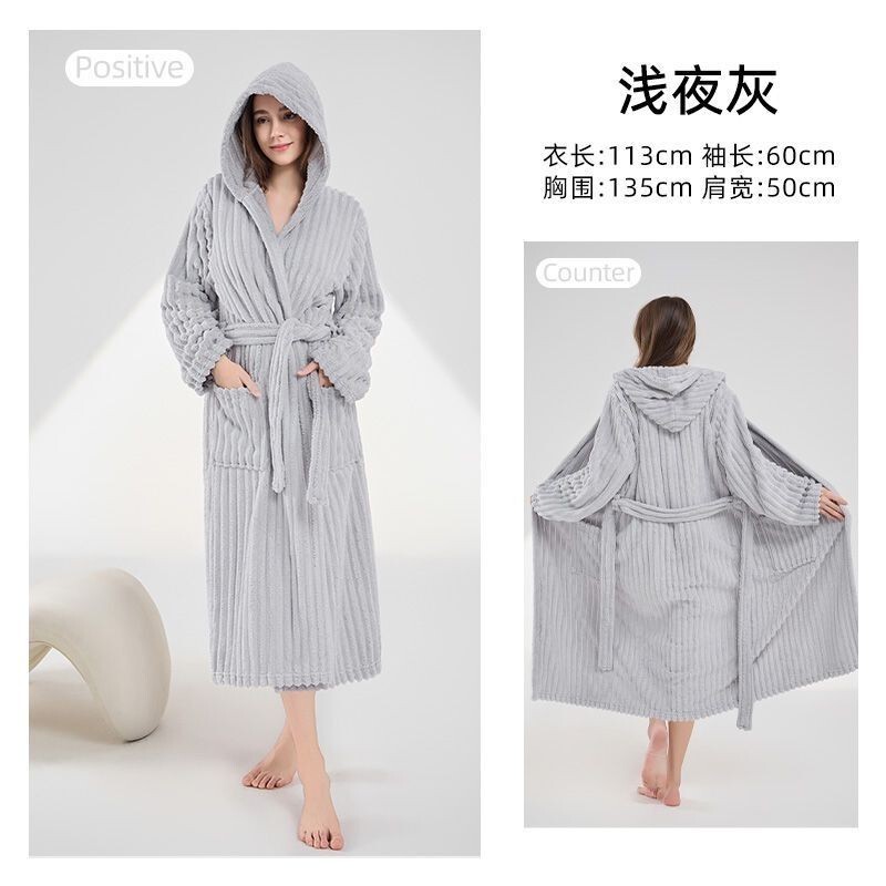 Foreign Trade Hooded Bathrobe Candy Strip Coral Velvet Nightgown Absorbs Water, Is Quick-Drying, Breathable, Skin-Friendly, Warm and Fashionable