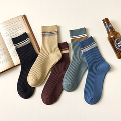 秋冬新款雙針精梳棉男士襪子復古撞色潮流中筒襪條紋高端厚款棉襪