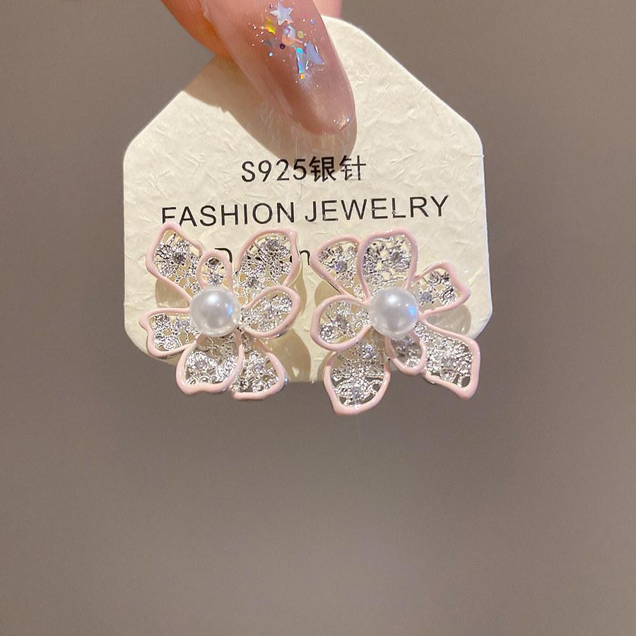 Aguja de plata Corea del Sur diamante Opal flor pendientes diseño fresco Rosa pendientes moda pendientes dulces al por mayor