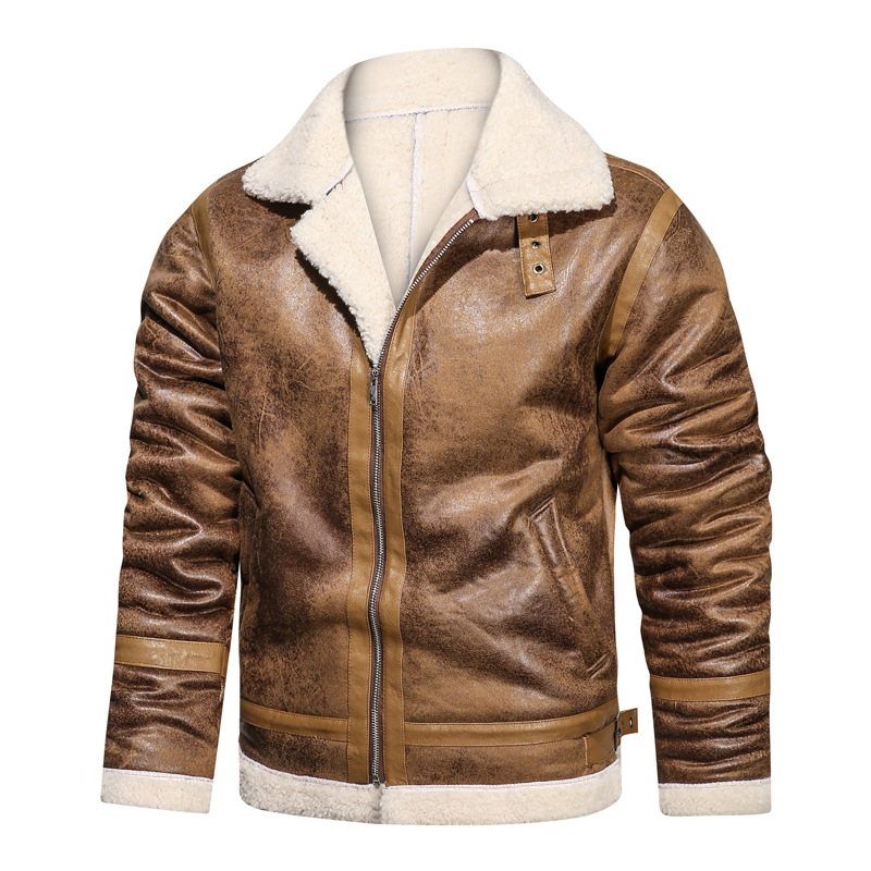 boy Men's Turn-Down Collar Lamb Wool Plus Size Cross-Border Thickened Warm Motorcycle Jacket Retro European And American_voghion.com