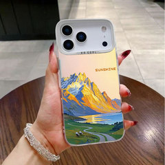 油画山峰适用苹果17pro手机壳iPhone16彩银1514镭射13promax12xsm
