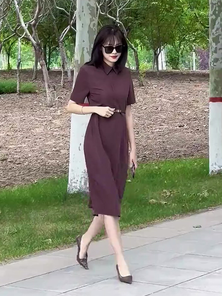 Váy liền cổ polo tay ngắn dáng suông midi màu tím kiểu Pháp – tôn dáng cho nàng thấp bé — Màu cà phê, Màu trắng