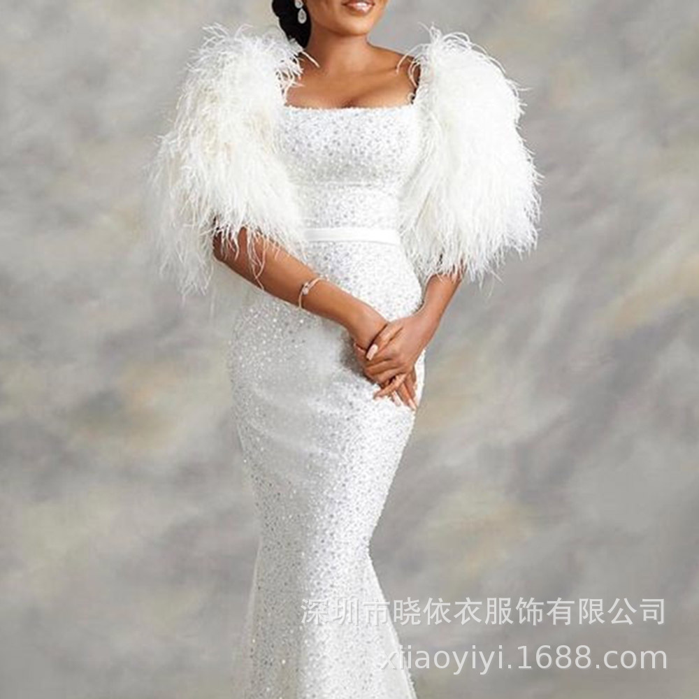 Amazon Cross-Border Foreign Trade European and American New Plus-Size Women's Sequin Dress Cape Feather Sleeve Evening Dress