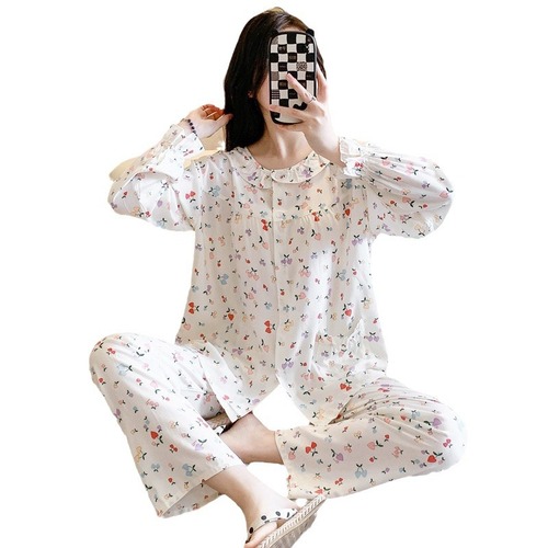 Women's Spring and Autumn Satin Pajamas - Summer Thin Satin Long Sleeve Man-made Cotton Cardigan Home Set Air Conditioning Suit Wholesale