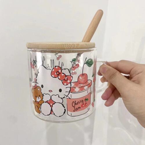 New Ins Borosilicate Glass Handle Printed Milk Cup Microwaveable Household Glass Water Cup