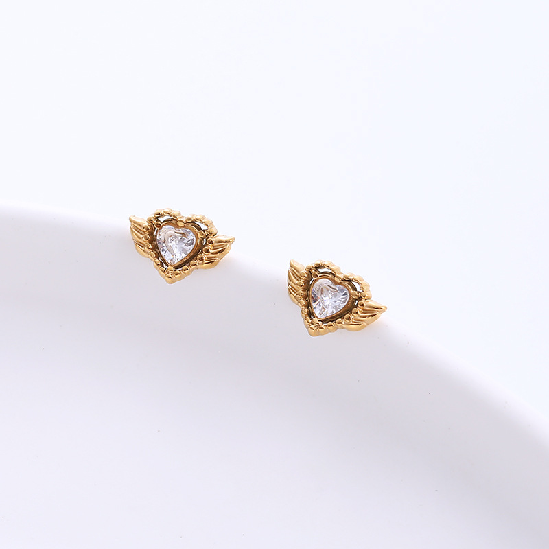 Fashion Heart Shape Wings Titanium Steel Earrings Inlaid Zircon Stainless Steel Earrings