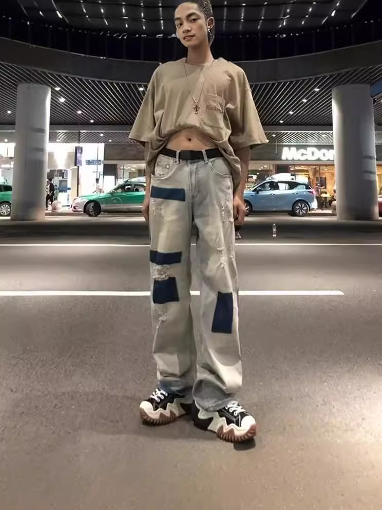 China-Chic Hip Hop High Street Used Wash Wide Leg Straight Tube Loose Men's Jeans Trendy or Pants Handsome Patch_voghion.com