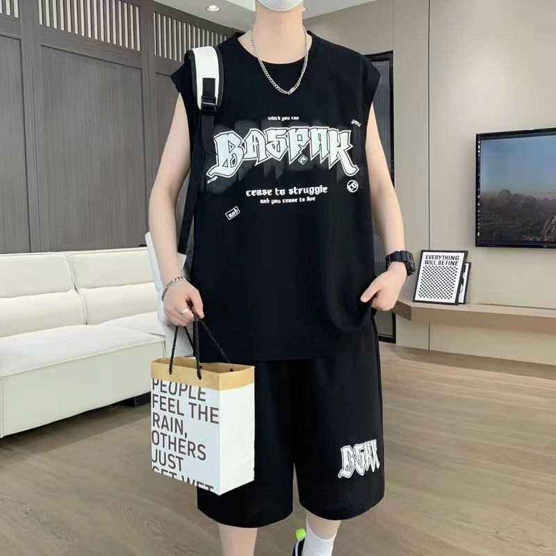 Summer Ice Silk Loose Casual Sports suit Teenager Students Sleeveless Vest Five-point Pants Two-piece Set with Fashion