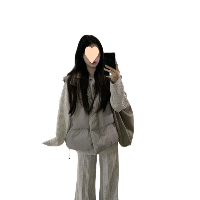女复古保暖棉服马甲外套秋冬装叠穿针织毛衣长裤套装时尚三件套|undefined