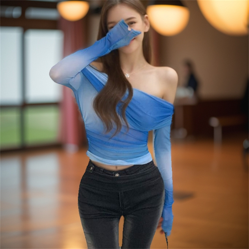 Women's Ombre Gradient Mesh Off Shoulder Top, Long Sleeve Ruched Sheer Blouse_ecoleips.com