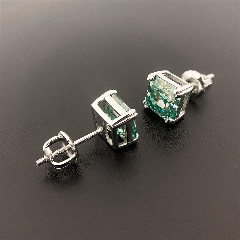 925 Sterling Silver Material Geometric, Square Pattern VVS1-VVS2 Clarity 1 Pair 1.0ct 2.0ct Asscher 925 Sterling Silver Moissanite VVS1-VVS2 GRA Geometric Square Ear Studs