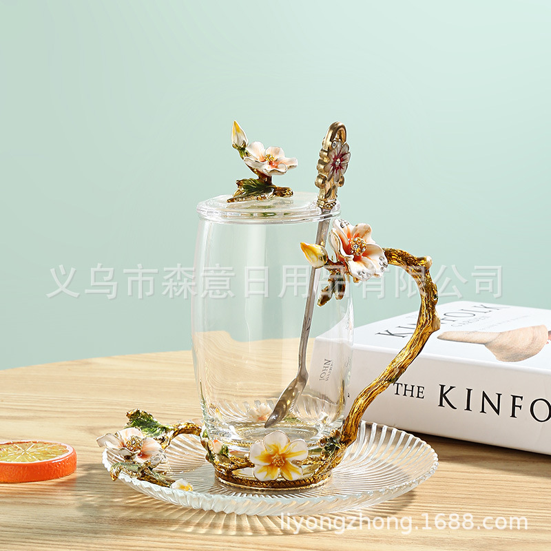 Esmalte taza de agua de color flor creativa taza de té taza de jugo taza de vidrio de cristal resistente al calor taza de café taza de pareja de gama alta regalo de la taza