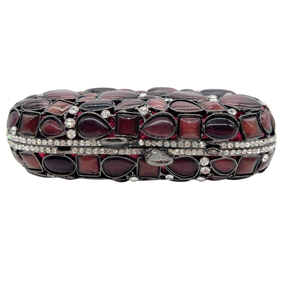 Túi clutch nữ cầm tay dạ tiệc đính đá mắt mèo kim loại rỗng phong cách Âu Mỹ — Màu hồng, màu đỏ tía, Cá tính đặt làm chi tiết 5