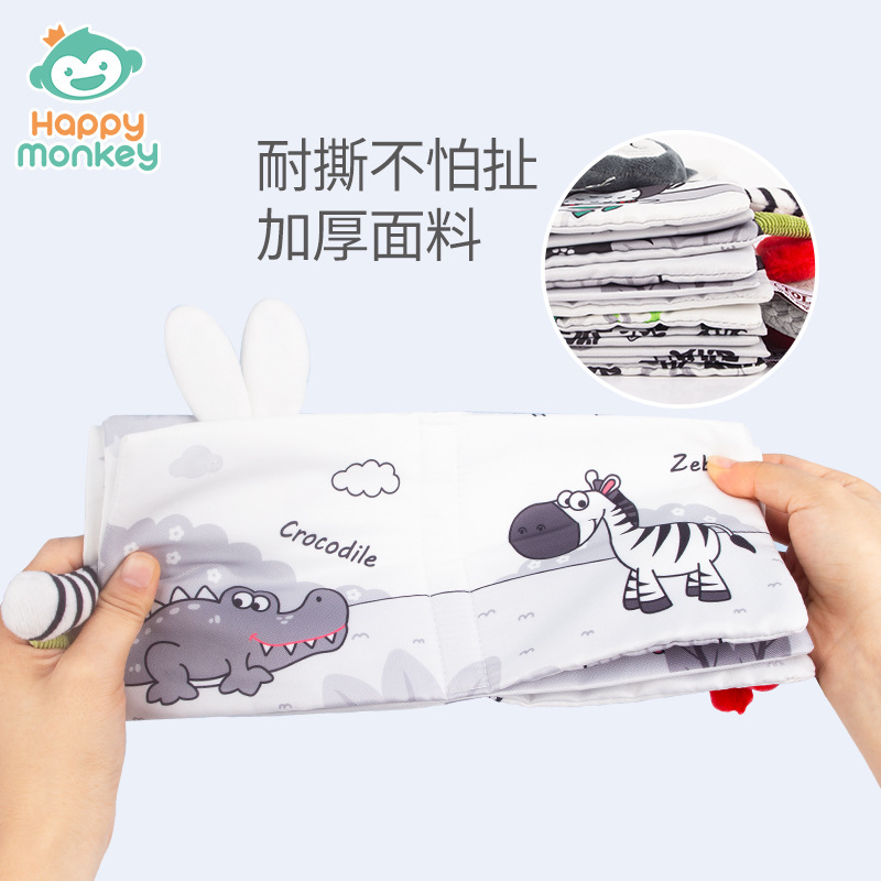 Libro de tela Happymonkey para la educación temprana del bebé, libro de tela blanco y negro con cola, estimulación visual y táctil para bebés de 0 a 1 año