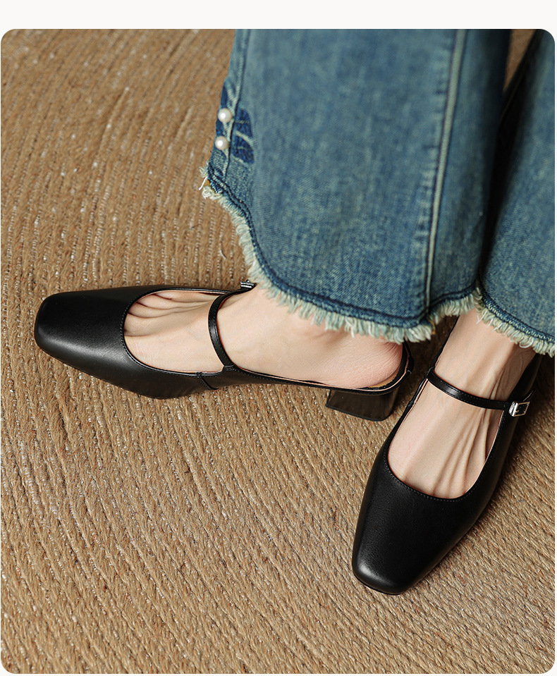 Sandal nữ quai ngang mũi vuông gót 4.5 cm da bò bít mũi hở gót — đen chi tiết 16