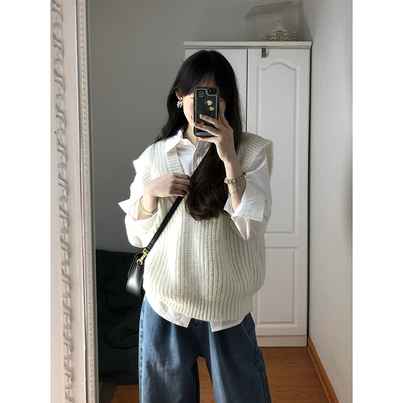 Chaleco de punto blanco apilado ropa de mujer primavera y otoño 2024 nuevo diseño suelto popular sentido cuello en V suéter chaleco superior image 9